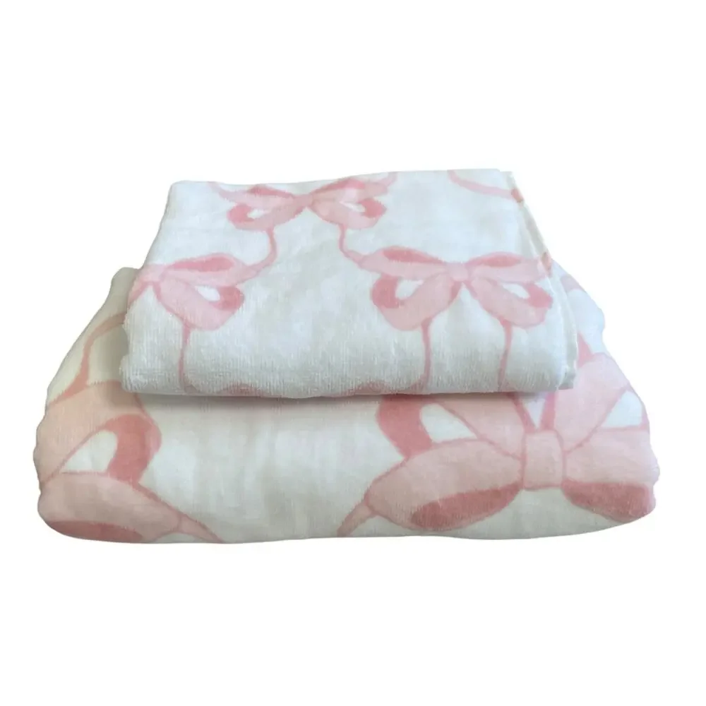 Kassafina Coquette Pink Bow Hand & Bath Towel 4PC Set 100% Cotton White NEW